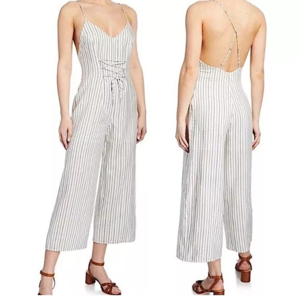 NWT J Brand Lace Up Backless Jumpsuit Womens Size L Wide Leg White Gray Stripe